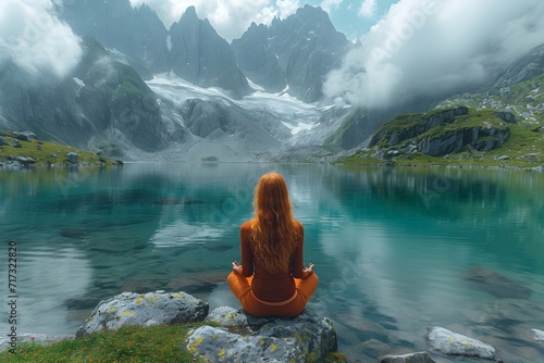 湖畔で瞑想をする女性の後ろ姿