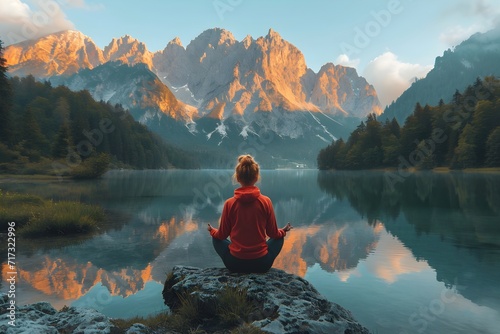 湖畔で瞑想をする女性の後ろ姿