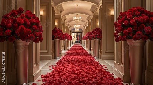 Elegant Corridor Adorned with Vibrant Red Roses