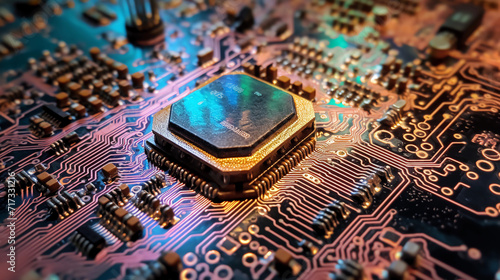 microchip closeup, semiconductor detail, silicon chip macro, integrated circuit closeup, electronic circuit board