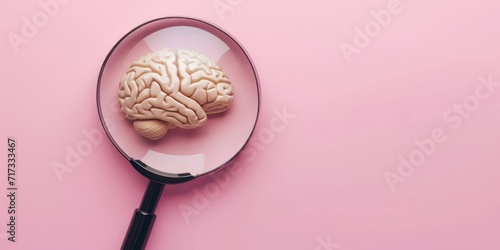 Magnifying glass and human brain on pink background, mental health care concept.
