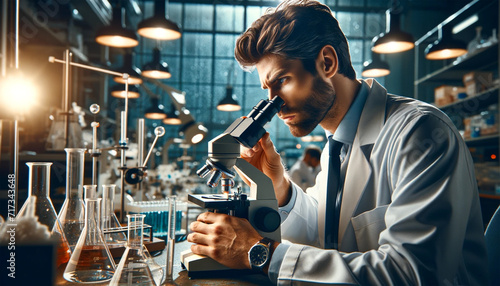 Portrait of male biochemist using microscope while working on scientific research in laboratory.