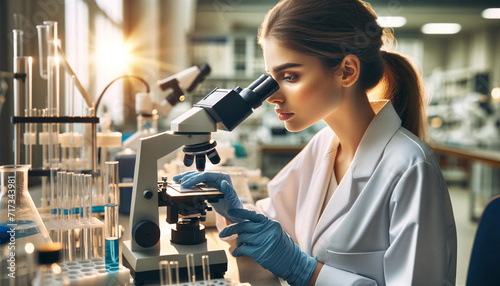 Portrait of woman biochemist using microscope while working on scientific research in laboratory.