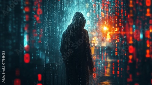 A hacker breaking through digital security barriers, visual metaphors of locks and firewalls