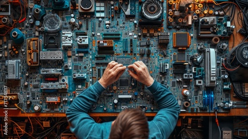 Detailed view of a computer engineer assembling hardware components, focused and precise, with tools and parts spread out