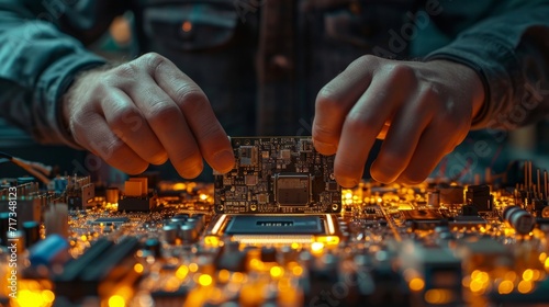 Detailed view of a computer engineer assembling hardware components, focused and precise, with tools and parts spread out