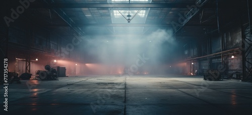 An empty warehouse with fog coming out of the ceiling. Generative AI.