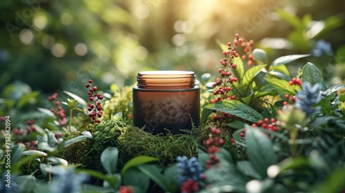 Herbal Moisturizer jar of cosmetic moisturizer cream on nature background. Organic natural ingredients beauty product among green plants. Skin care, beauty and spa product presentation, copy space.