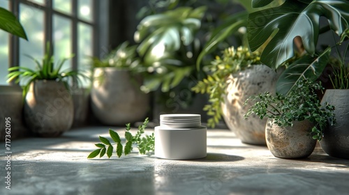 Herbal Moisturizer jar of cosmetic moisturizer cream on nature background. Organic natural ingredients beauty product among green plants. Skin care, beauty and spa product presentation, copy space.