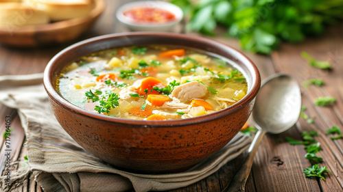 Homemade chicken soup in a bowl