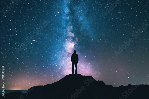 silhouette of a man with torch under night sky with stars and milky way