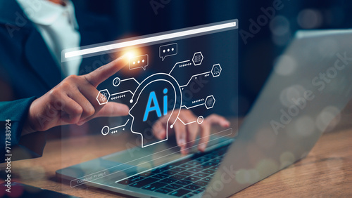 Women use AI to help work, AI Learning, and Artificial Intelligence Concepts. Business, modern technology, internet, and networking concepts. AI technology in everyday life