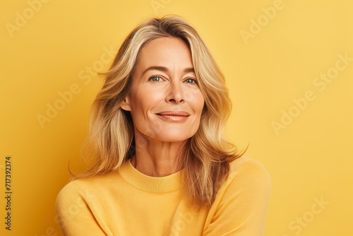 smiling middle aged woman in yellow sweater looking at camera over yellow background