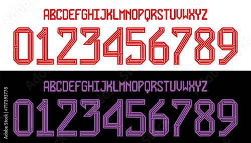 font vector team 2023 - 2024 kit sport style. football style font with lines. bayern font. home away. sports style letters and numbers for soccer team
