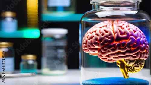 The human brain, preserved in formaldehyde, is encased in a glass jar for medical research purposes.