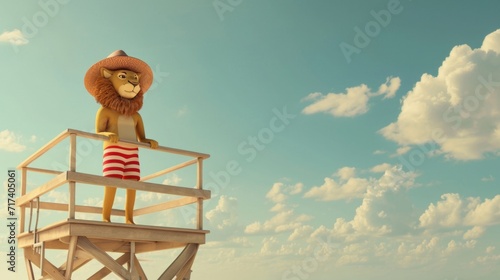 Cartoon digital avatar of a lion lifeguard standing tall on a lifeguard tower, wearing a red and white striped swim trunks and a sun hat.