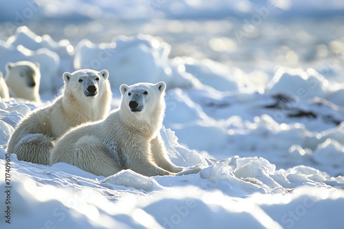 A group of polar bears on a sunny day, climate change.