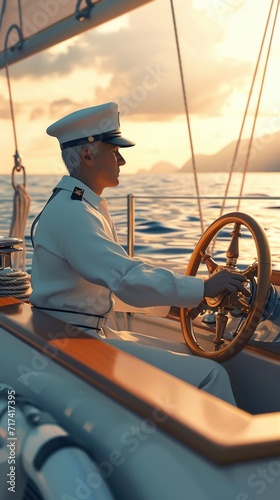 Cartoon digital avatars of Helmsman Horizon A master of the ocean, confidently navigating the yacht towards the horizon and beyond.