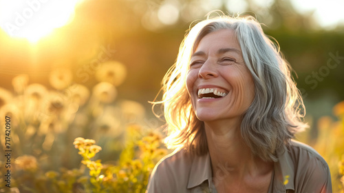 A senior woman laughing amidst sunflowers at sunset, epitomizing the beauty of enjoying life's simple pleasures – this image is AI Generative.