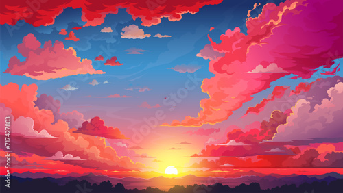 Red sky sunset anime background with fluffy clouds and sun. Cartoon vector beautiful nature landscape, vivid bright cloudscape with shining rays over the mountain peaks and tree crowns, evening view