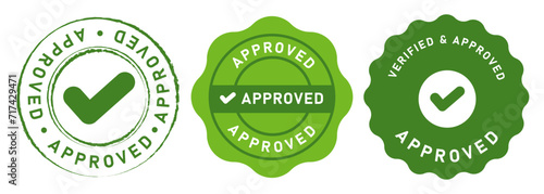 Approved stamp seal emblem logo badge graphic circle set approval check mark green color