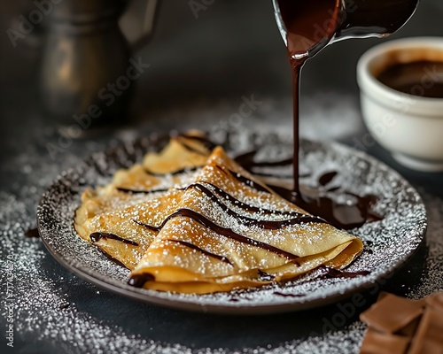 chocolate sauce being poured plate crepes black cloak neck ankles colored accurately gluttony table set second breakfast sweets unwind