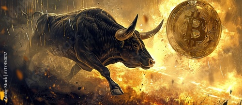 Symbolic of a bull market in cryptocurrency, a golden bull statue stands proudly amidst scattered Bitcoin, illustrating the upward trend in the market.