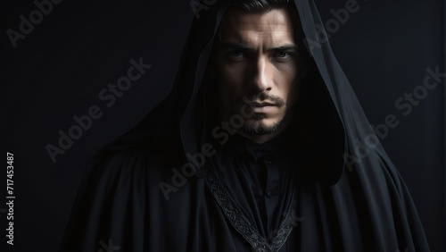 Portrait of an handsome man with black cloak on plain dark black background, wizard from Generative AI