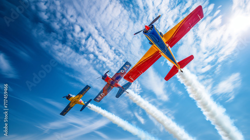 A formation of colorful stunt planes creating mesmerizing patterns in the sky during an airshow