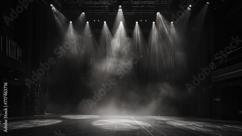 Empty stage with monochromatic lighting.