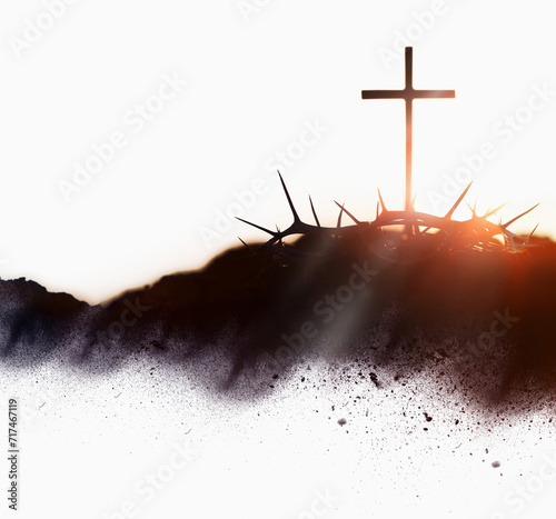 The background of the cross and crown of thorns symbolizing the sacrifice and suffering of Jesus Christ, and the concept of Passion Week, Lent, and Easter with a red sunset 