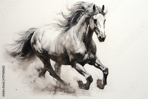 A dynamic illustration of a galloping horse, its muscles and mane captured with fine pencil details, conveying the energy and grace of this powerful creature.