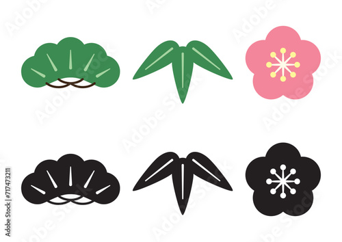 シンプルな「松竹梅」アイコンイラストA simple icon illustration of "Shochikubai" (Japanese lucky charms: pine, bamboo leaves, and plum blossoms) 