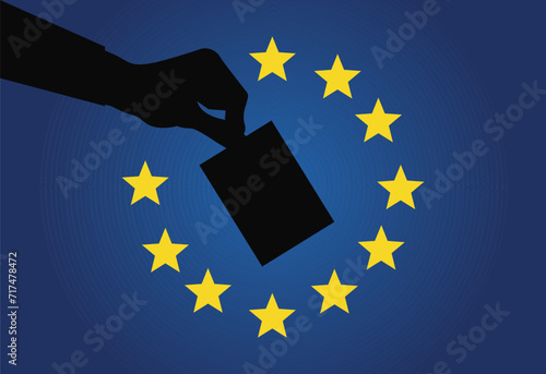 European vote vector: Silhouette of an arm holding a ballot voting paper centered within the EU flag's circle of 12 gold stars, symbolizing active participation in EU elections.
