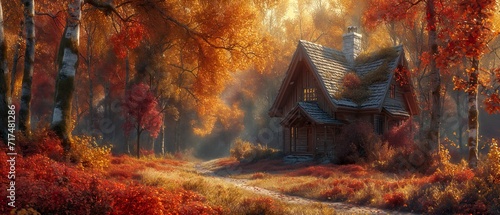 A Fairy-Tale House Standing In A Magical Autumn Forest. Illustration On The Theme Of Nature And Architecture, Rural Life And Climate. Generative AI