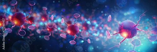 Vibrant 3D illustration of viruses and antibodies in a colorful digital environment.