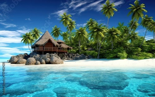 A house that stands on an island with white sand and green coconut trees growing. Generative AI