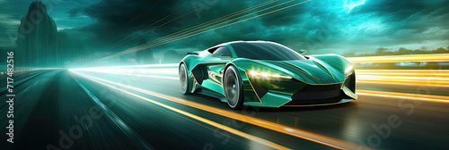 Green futuristic sports car racing at high speed with motion blur on a dynamic background.