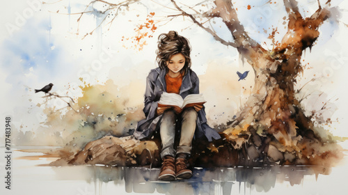 Watercolor of a woman reading under an autumn tree