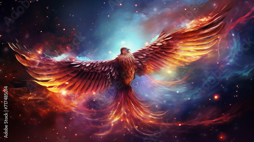 Adorable phoenix bird with majestic wings spread graces fantastical cosmic landscape signifies eternal cycle of renewal, mystical journey and symbolism of rebirth and reincarnation