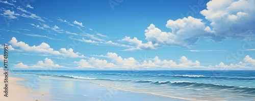 A beach with wavy water, blue sky and white sand. Generative AI