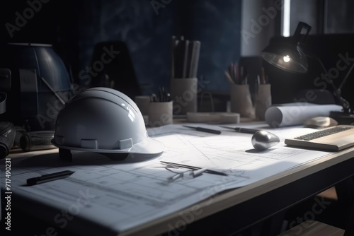 Some engineering drawings and helmets are placed on the table, generated by AI