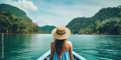 A tranquil scene of a woman in a straw hat enjoying a serene view of a calm lake and green mountains from a boat.
