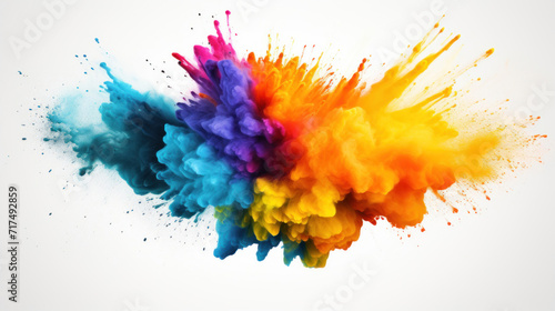 A dynamic burst of colorful powder against a stark white background.
