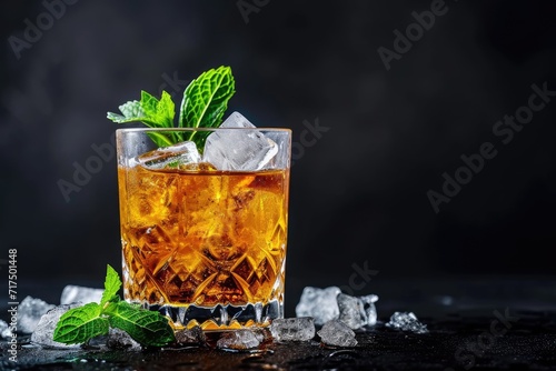 Bourbon based cocktail with ice and mint on black background