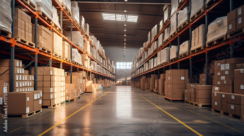 Retail warehouse full of shelves with goods in cartons, with pallets and forklifts, A large warehouse with numerous items, Futuristic digital warehouse using augmented reality, Generative Ai
