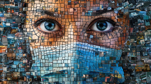 Mosaic illustration of the close-up of a brave female nurse with piercing eyes wearing a mask