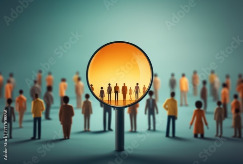 Focused Crowd Analysis: Magnifying Glass on People in Vibrant Orange Background