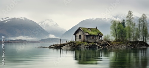 A small wooden house in the lake, in front of beautiful mountains and rivers