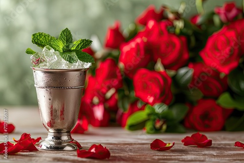 Close up of a silver cup with a mint julep red roses in the background focused